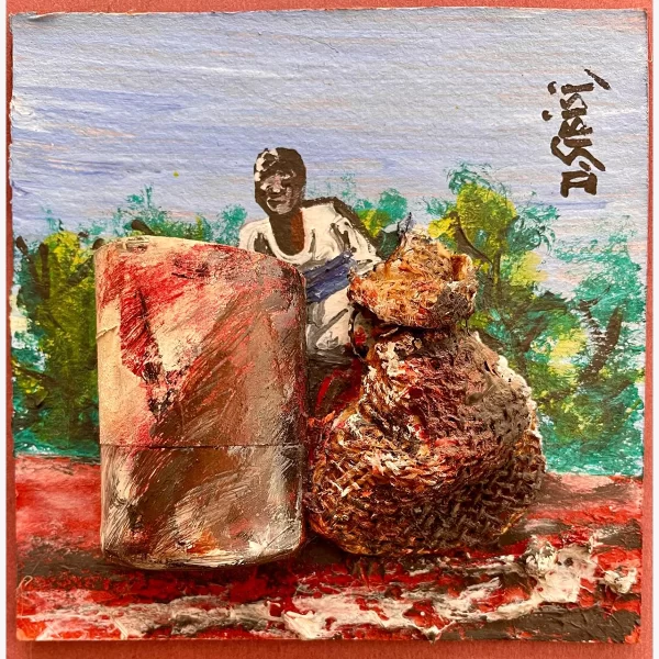 Mixed-media relief artwork by Dumisani Sibisi featuring a township figure painted behind textured found objects on a brightly coloured background.