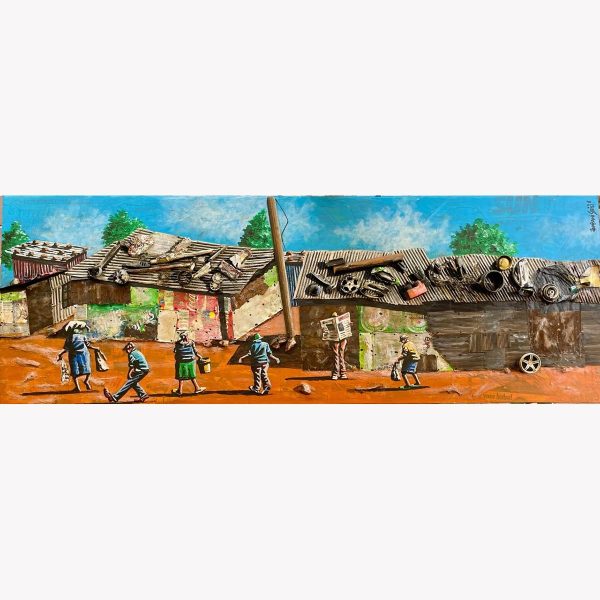 Large vertical mixed-media township scene by Dumisani Sibisi with corrugated textures, painted figures, and recycled materials.